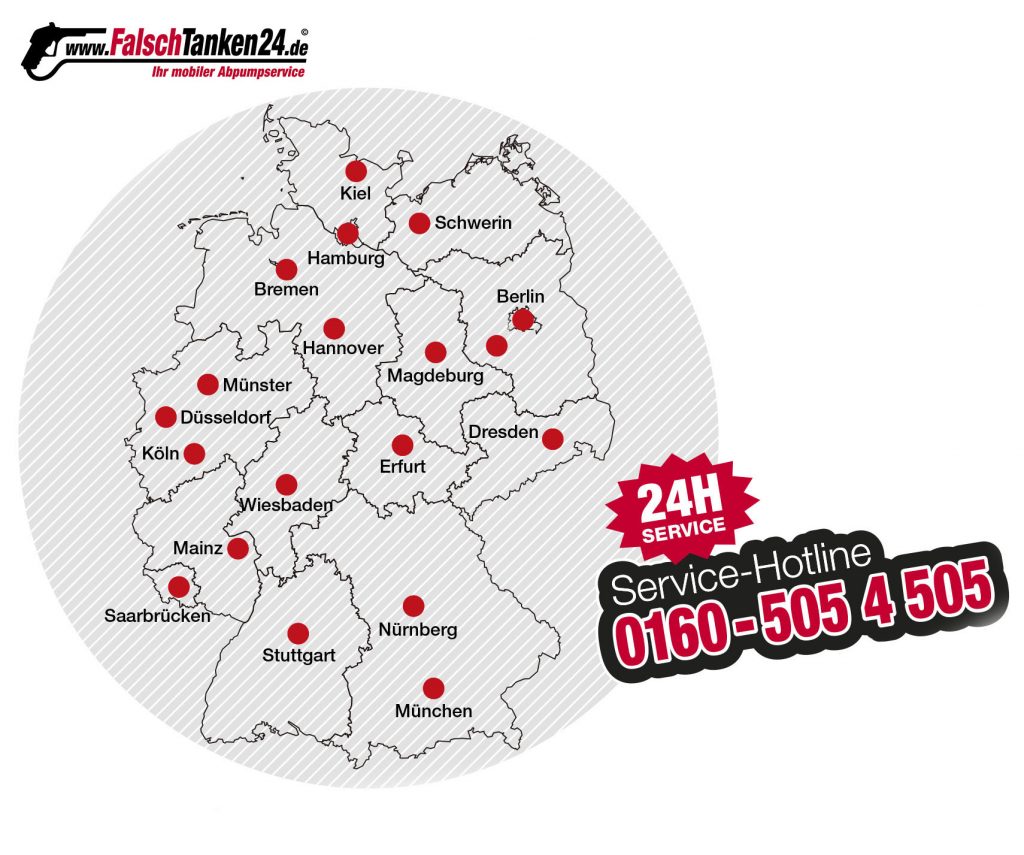falsch+getankt Servicegebiet ganz Deutschland Karte mit Telefonnummer 01605054505 und website www.falschtanken24.de