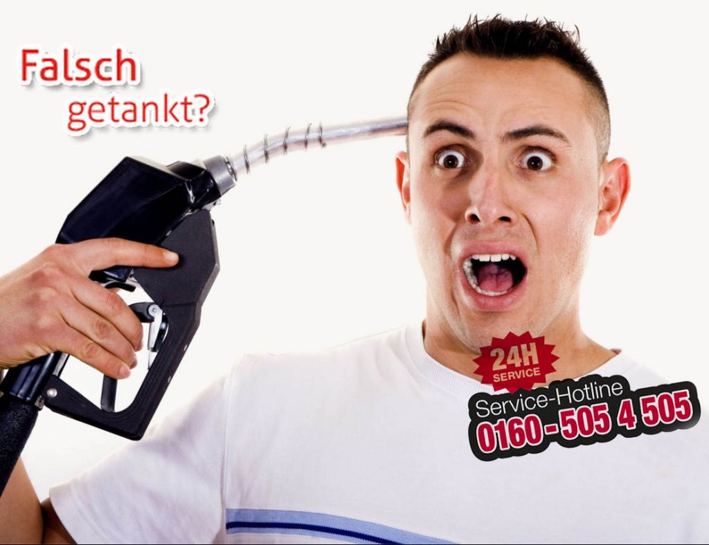 falsch getankt Hilfe falsch Getankt Deutschland Logo Mann mit Zapfpistole am Kopf mit Telefonnummer für 24h Hilfe wenn sie falsch getankt haben Handynummer 0160-5054505